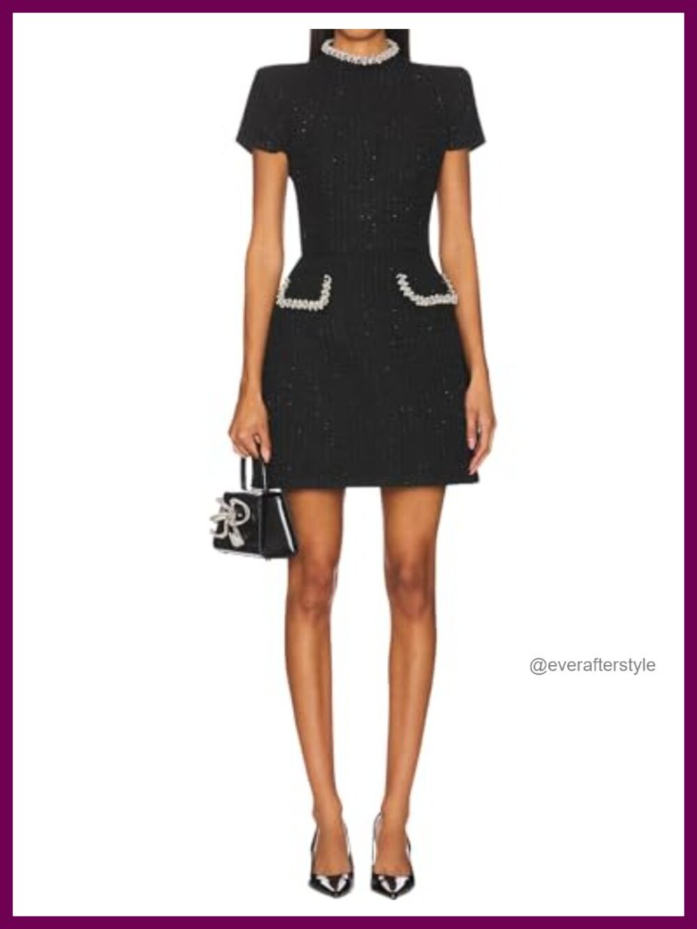 Tweed Bodycon Mini Dress Short Sleeve High Neck Pearl Trim Party Clubwear